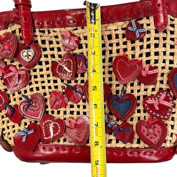 Brighton Wicker Leather Purse Red Hearts Applique Shoulder Handbag Handled Tote - Picture 15 of 16